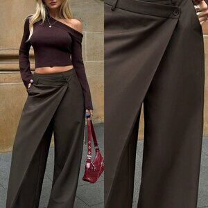 Brown Casual Women's Asymmetrical Wide Leg Pants